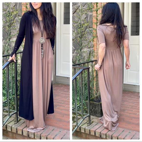 Mocha side pocket 3/4 sleeves maxi dress - Picture 2 of 7